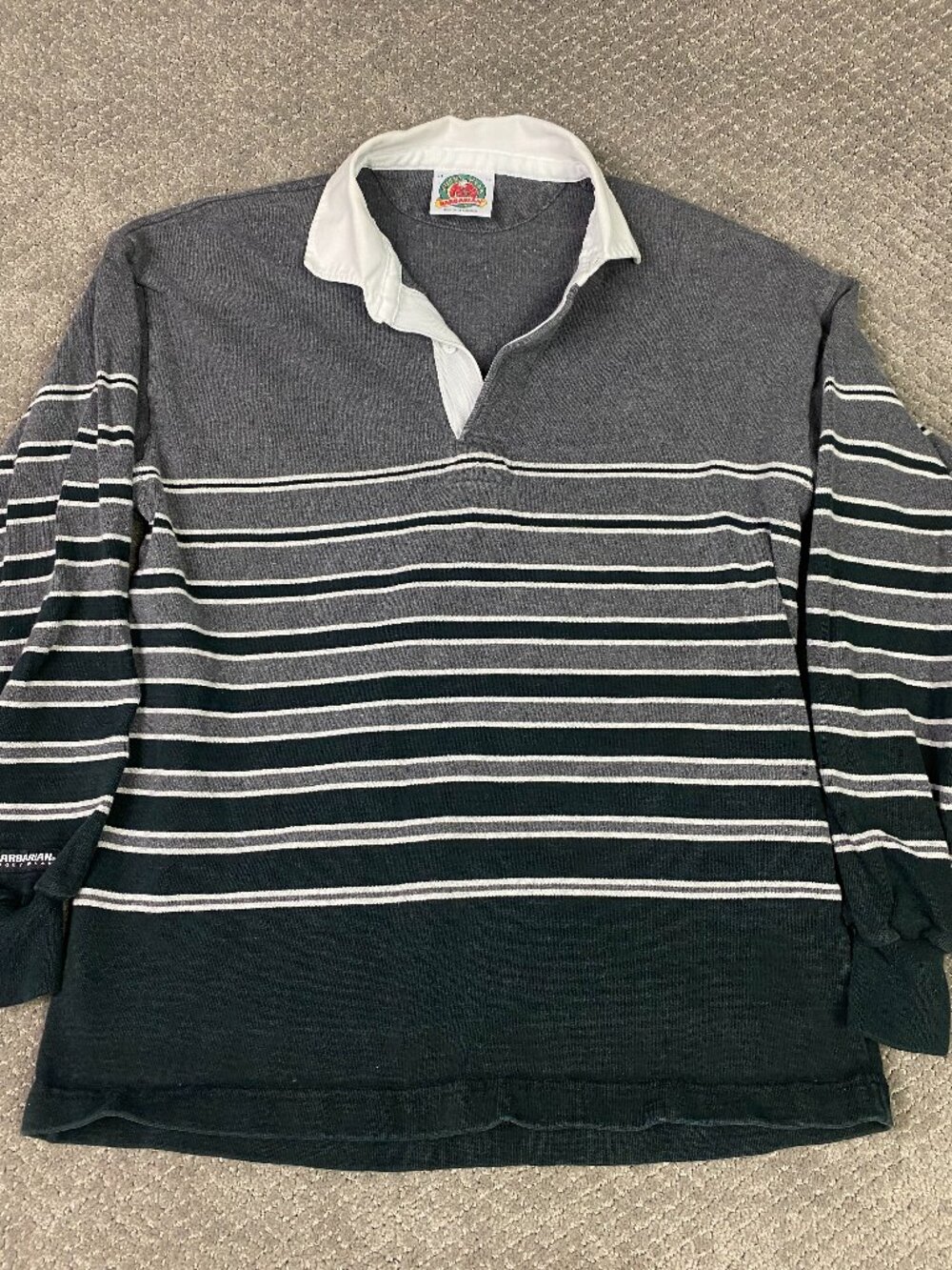 Vintage Barbarian Striped Rugby Shirt Mens XL Fits Large Gray 90s